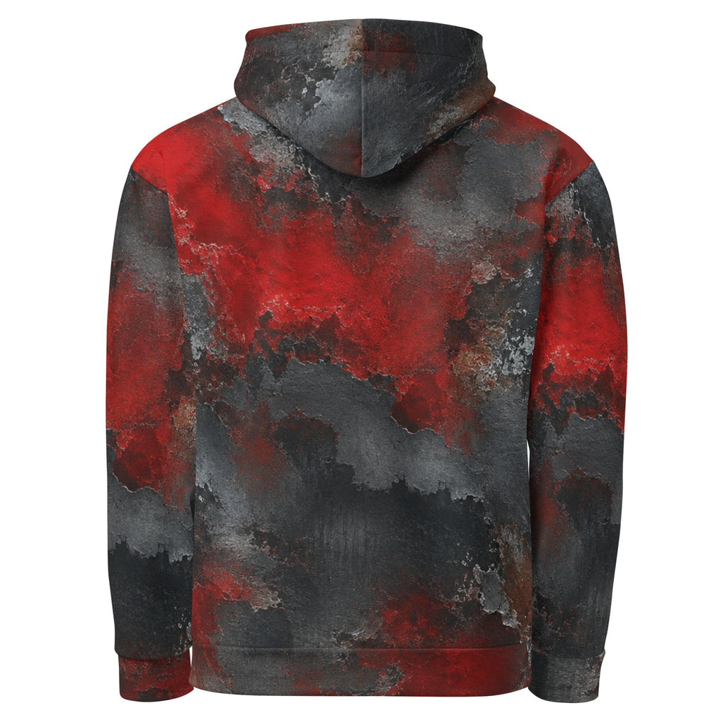 Red & Black Abstract unisex hoodie, back view – red, charcoal and black distressed print