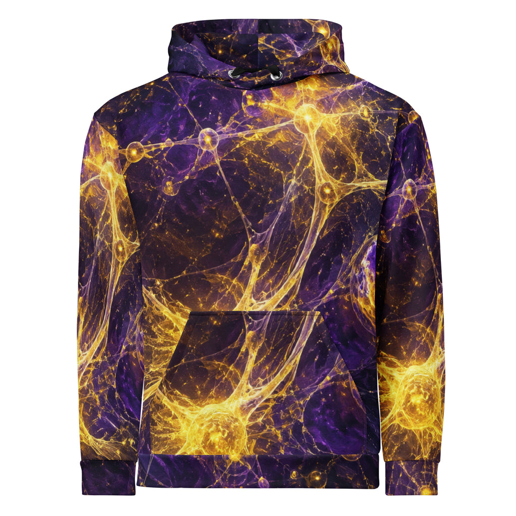 Front view of purple and gold Cosmic Energy all-over print unisex hoodie