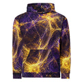 Front view of purple and gold Cosmic Energy all-over print unisex hoodie