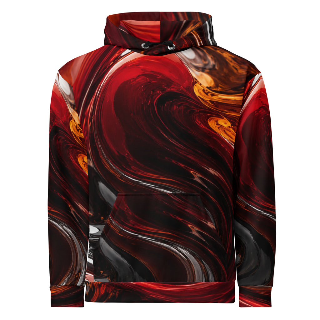 Crimson Vortex unisex hoodie, front view – crimson, orange and black swirl print