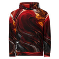 Crimson Vortex unisex hoodie, front view – crimson, orange and black swirl print