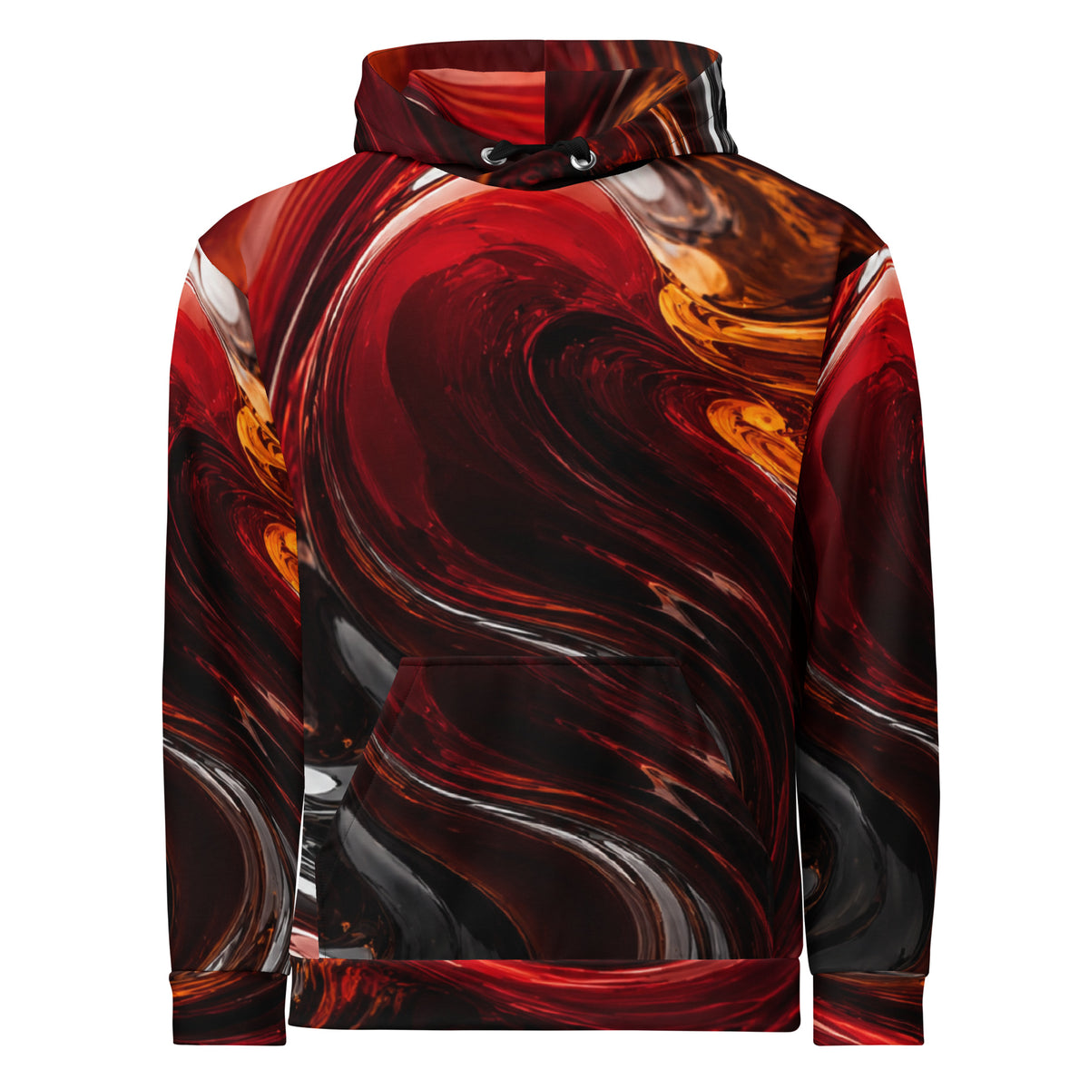 Crimson Vortex unisex hoodie, front view – crimson, orange and black swirl print