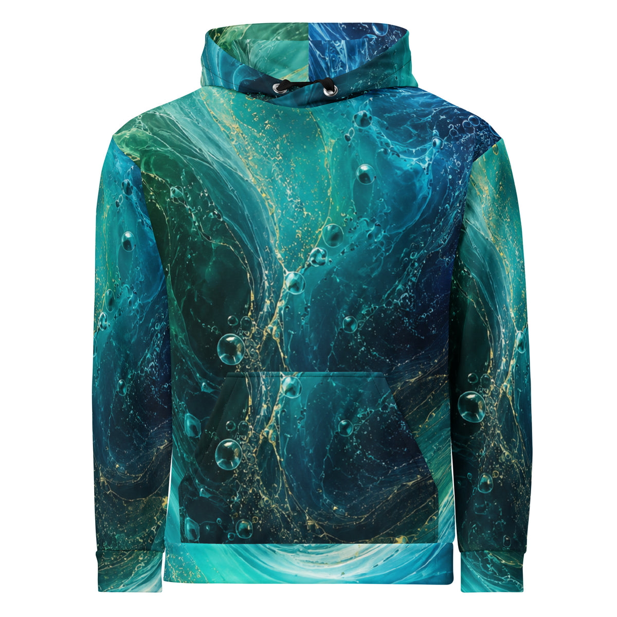 Oceanic Flow turquoise abstract all-over print unisex hoodie front view