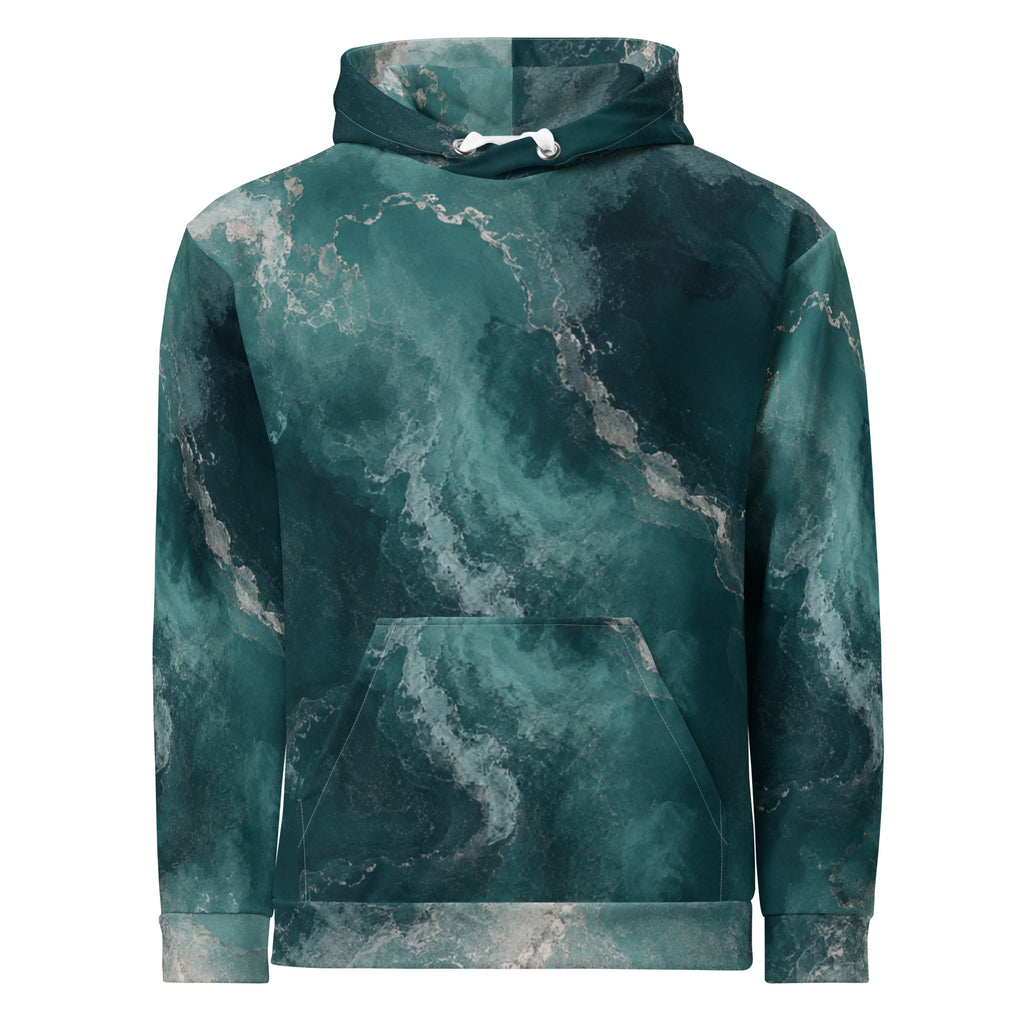 Abyssal Current unisex hoodie, front view – teal and turquoise ocean marble print