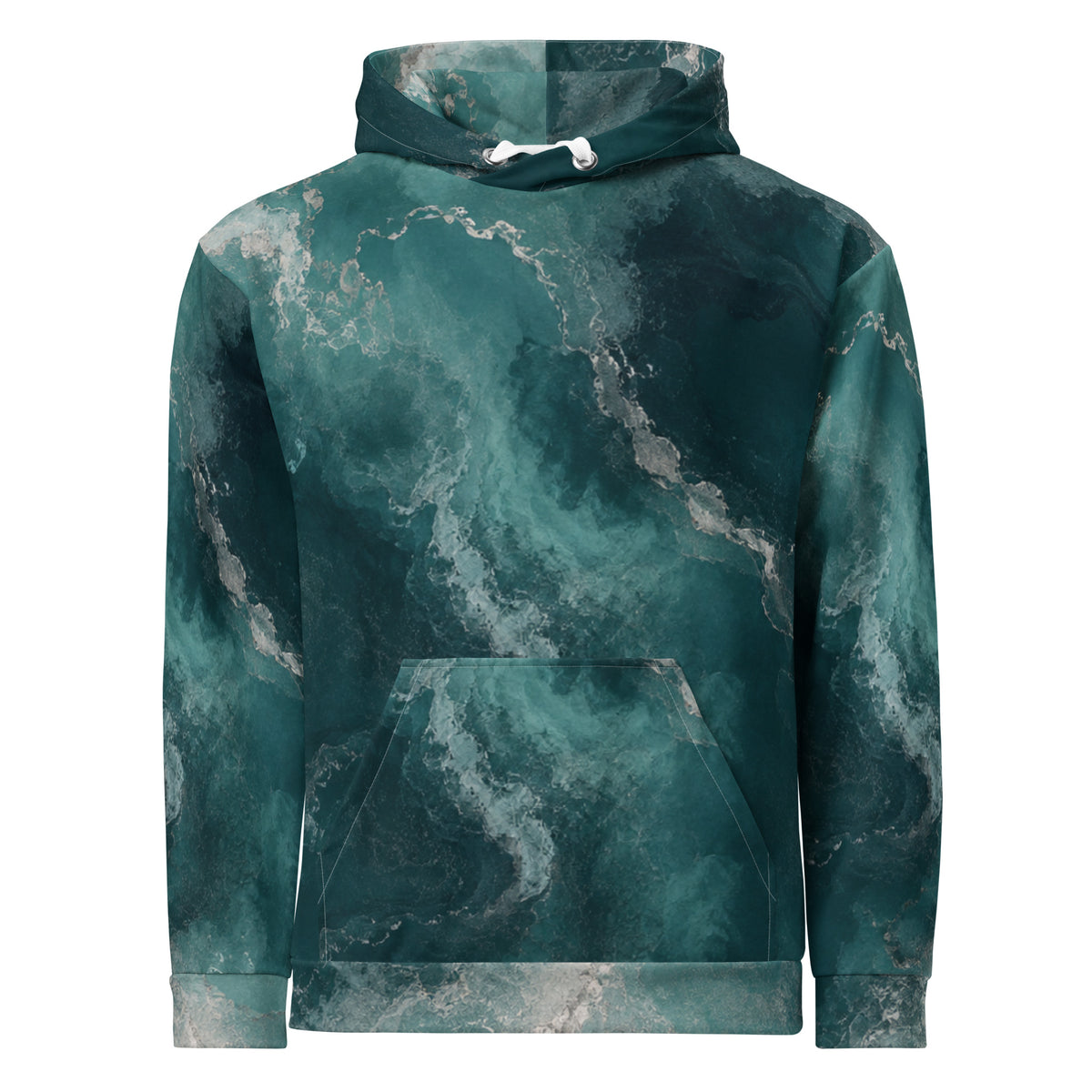 Abyssal Current unisex hoodie, front view – teal and turquoise ocean marble print