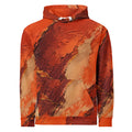 Ember Terrain unisex hoodie, front view – burnt orange, rust and brown earth-tone print