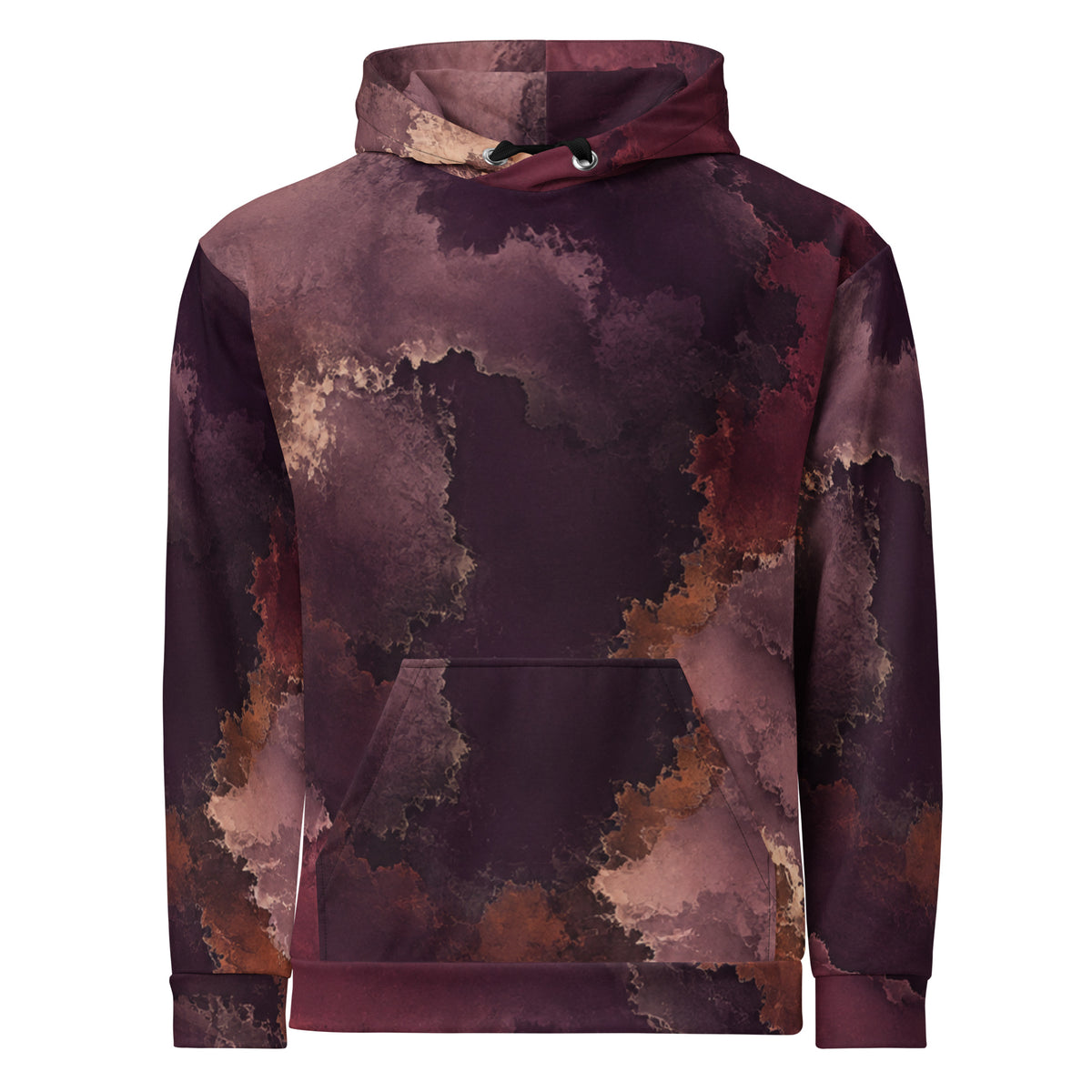 Ember Eclipse unisex hoodie, front view – burgundy, plum and copper abstract print