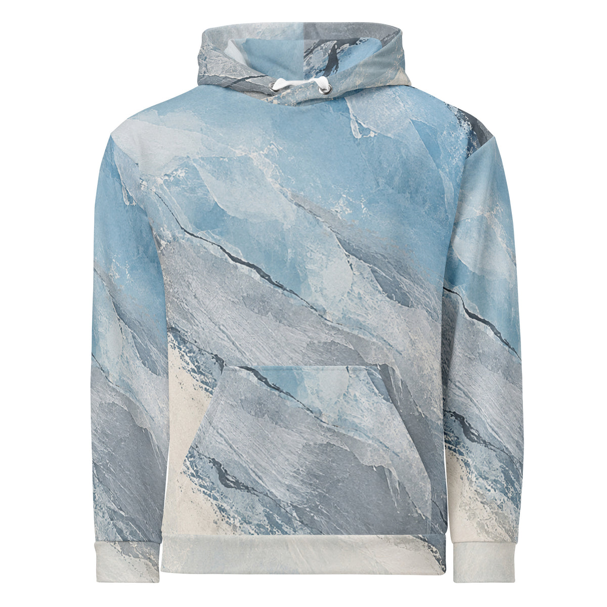 Glacial Current unisex hoodie, front view – icy blue, white and slate grey marble print
