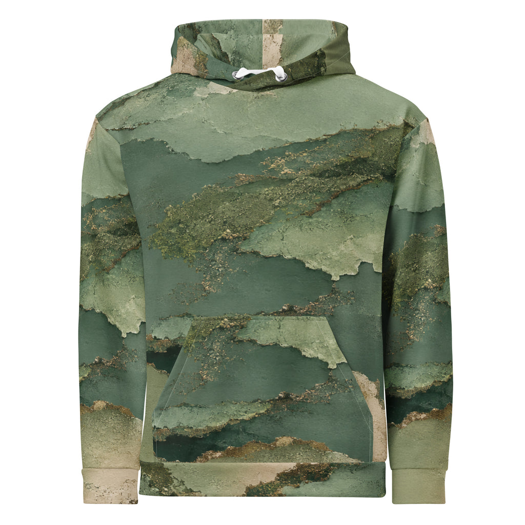 Verdant Terrain unisex hoodie, front view – sage, olive and gold abstract print