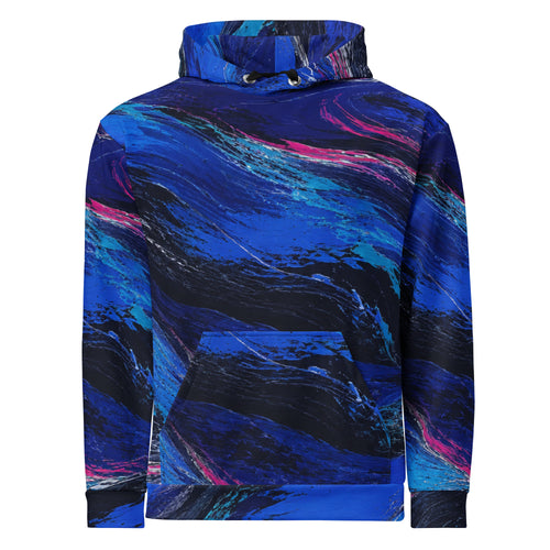 Cobalt Afterglow unisex hoodie, front view – cobalt blue, turquoise and magenta wave print