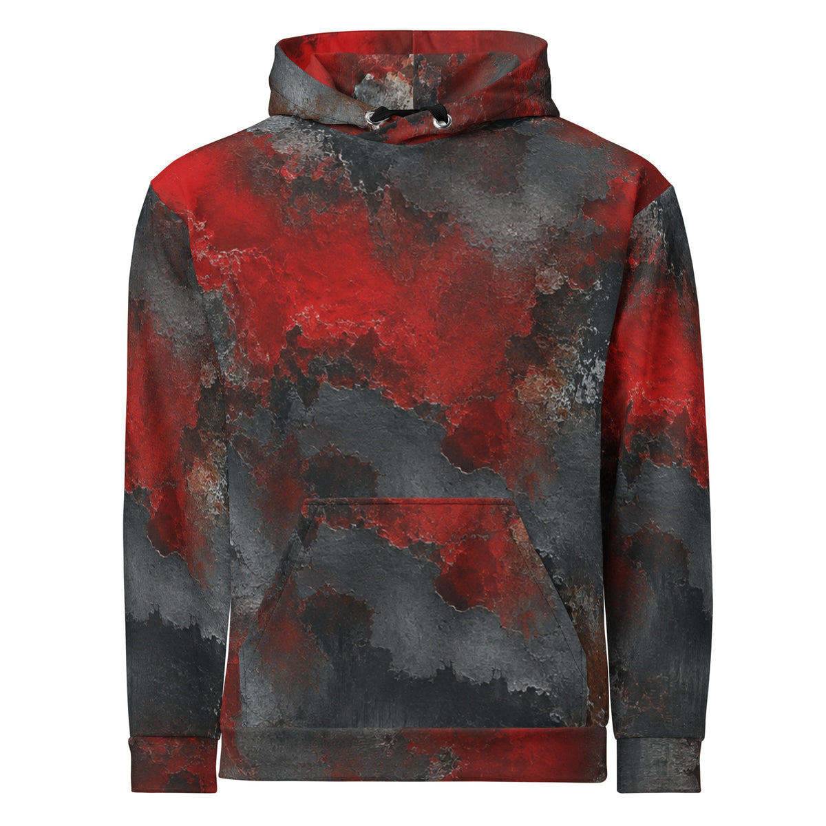 Red & Black Abstract unisex hoodie, front view – red, charcoal and black distressed print