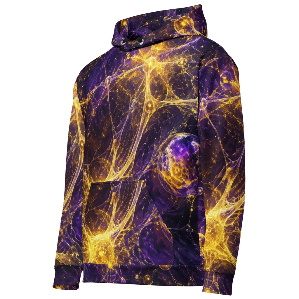 Side view of Cosmic Energy hoodie showing purple and gold artwork across the sleeves
