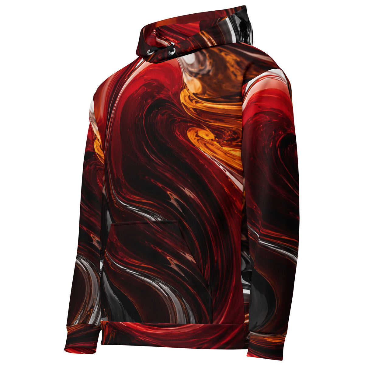 Crimson Vortex unisex hoodie, angled front view – crimson, orange and black swirl print