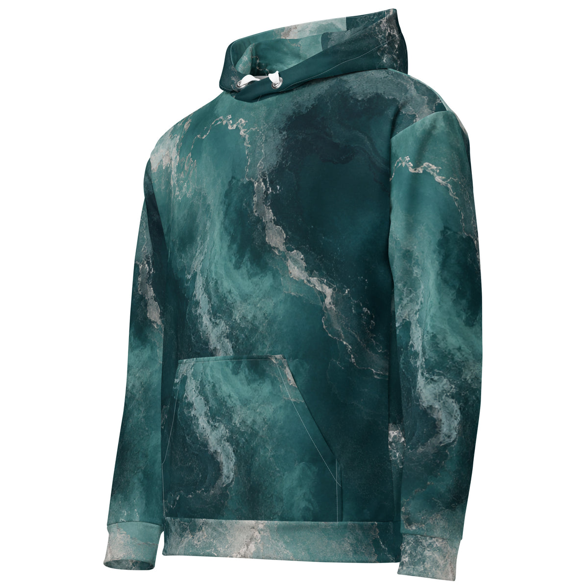 Abyssal Current unisex hoodie, angled front view – teal and turquoise marble print
