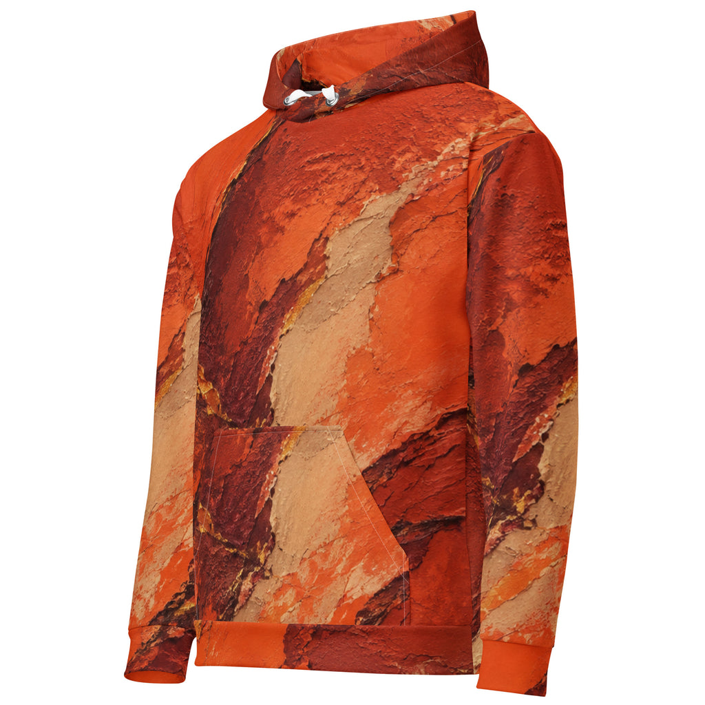 Ember Terrain unisex hoodie, angled front view – burnt orange, rust and brown earth-tone print