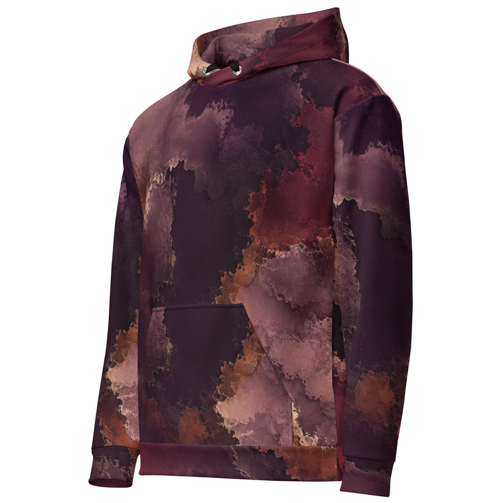 Ember Eclipse unisex hoodie, angled front view – burgundy, plum and copper abstract print