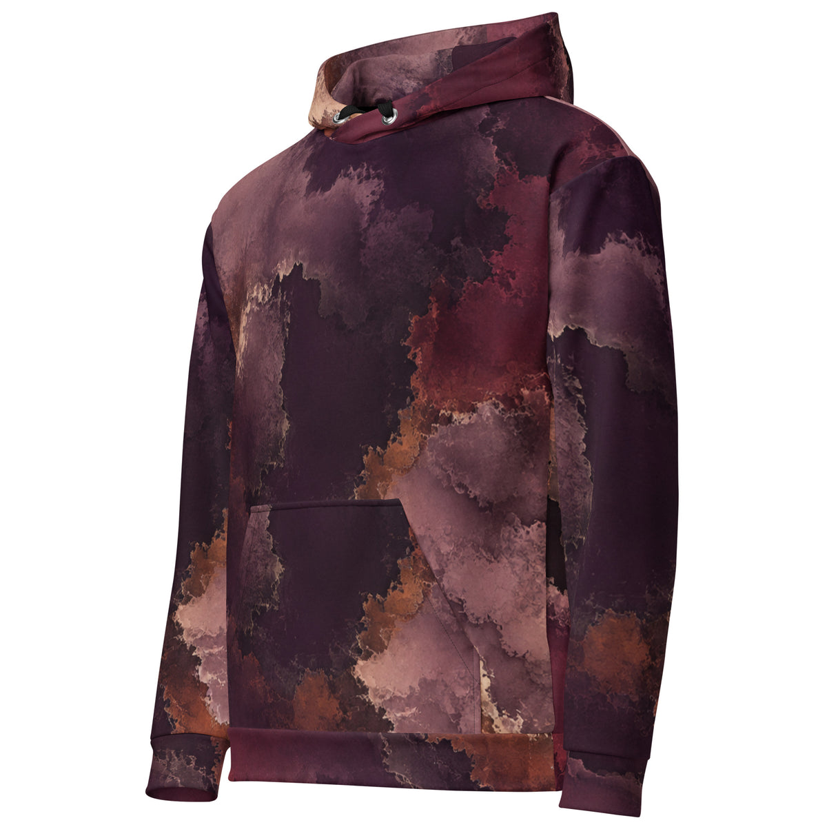 Ember Eclipse unisex hoodie, angled front view – burgundy, plum and copper abstract print