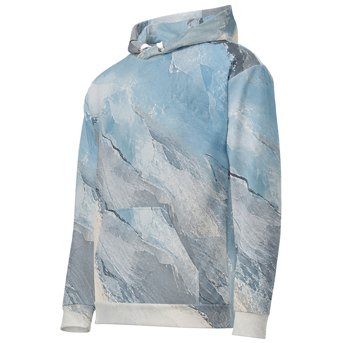Glacial Current unisex hoodie, angled front view – icy blue, white and slate grey marble print