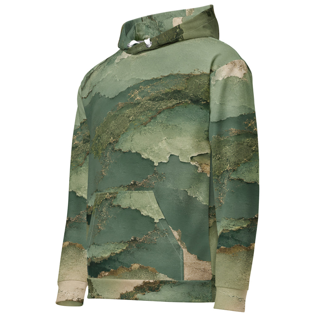 Verdant Terrain unisex hoodie, angled front view – sage, olive and gold abstract print