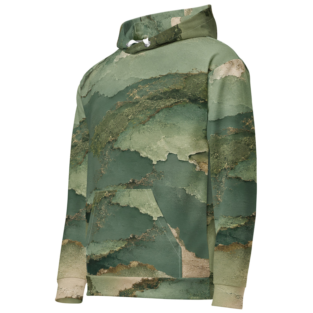 Verdant Terrain unisex hoodie, angled front view – sage, olive and gold abstract print