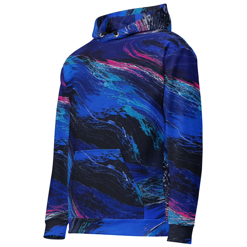 Cobalt Afterglow unisex hoodie, angled front view – cobalt blue, turquoise and magenta wave print