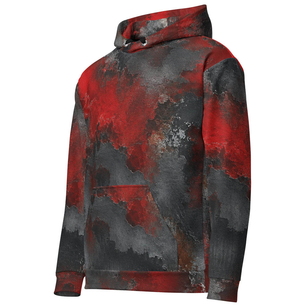 Red & Black Abstract unisex hoodie, angled front view – red, charcoal and black distressed print