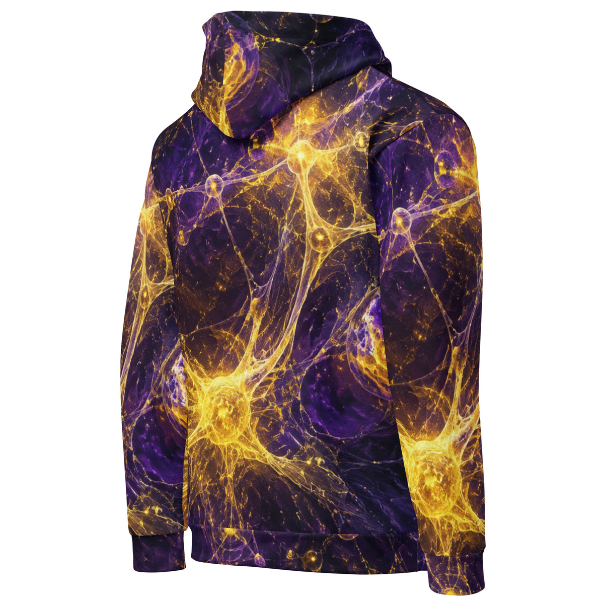 Side view of Cosmic Energy hoodie showing purple and gold artwork across the sleeves