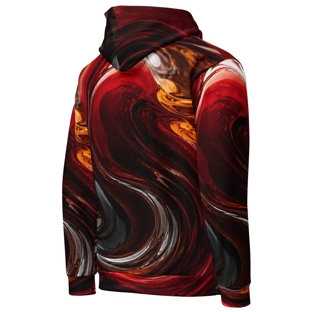 Crimson Vortex unisex hoodie, angled back view – crimson, orange and black swirl print