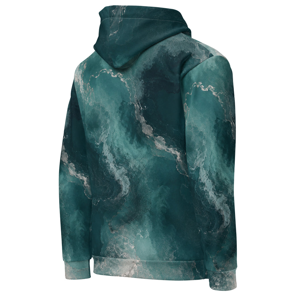 Abyssal Current unisex hoodie, angled back view – teal and turquoise marble print