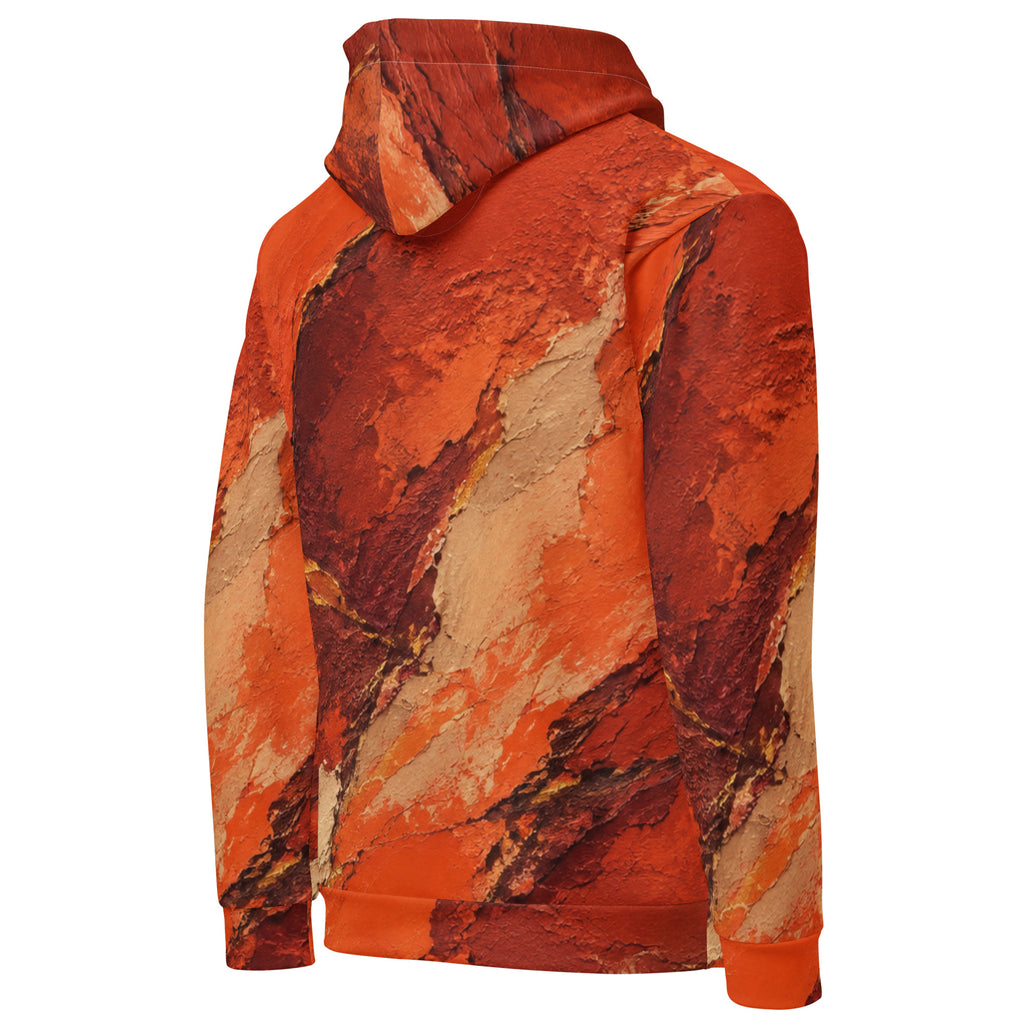 Ember Terrain unisex hoodie, angled back view – burnt orange, rust and brown earth-tone print