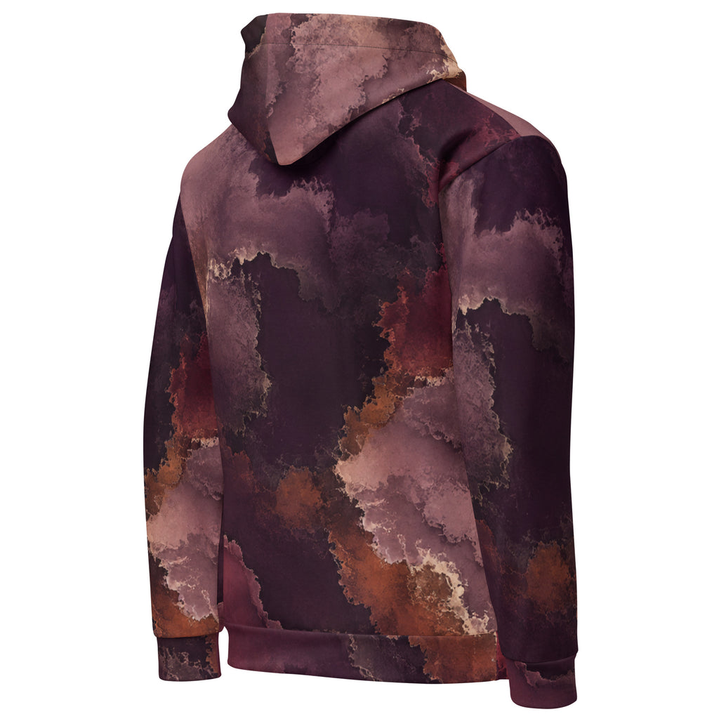 Ember Eclipse unisex hoodie, angled back view – burgundy, plum and copper abstract print