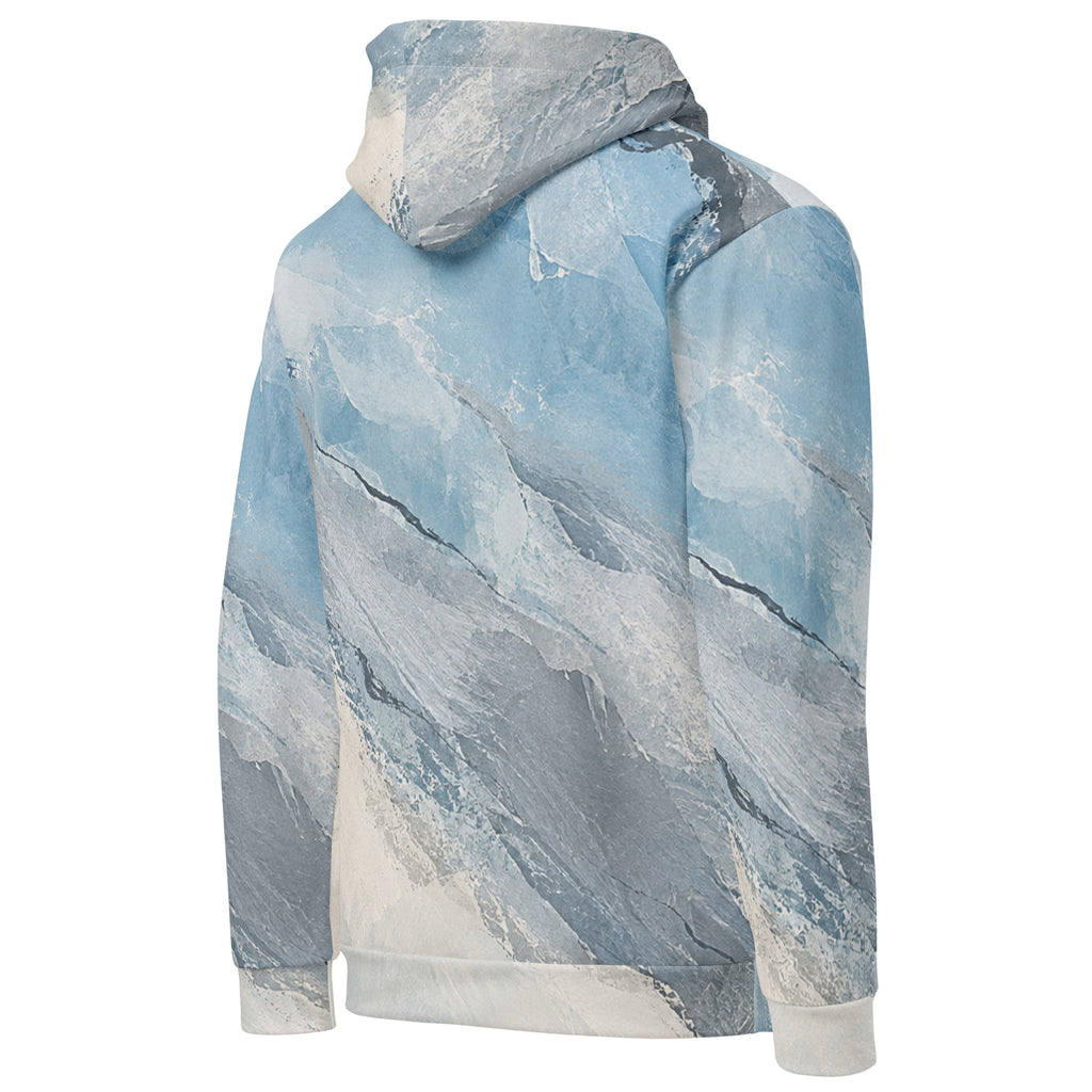 Glacial Current unisex hoodie, angled back view – icy blue, white and slate grey marble print