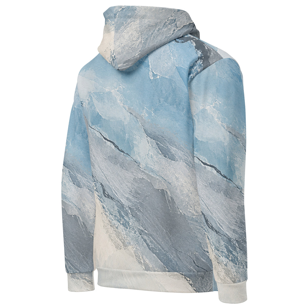 Glacial Current unisex hoodie, angled back view – icy blue, white and slate grey marble print