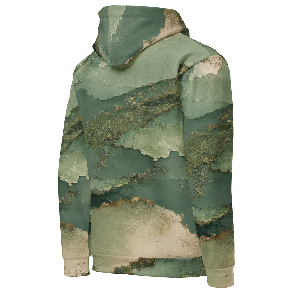 Verdant Terrain unisex hoodie, angled back view – sage, olive and gold abstract print