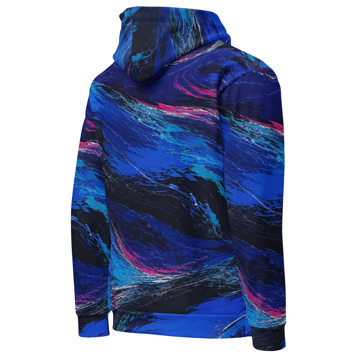 Cobalt Afterglow unisex hoodie, angled back view – cobalt blue, turquoise and magenta wave print