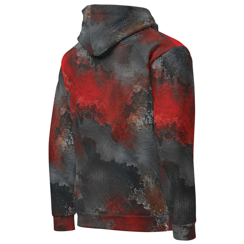 Red & Black Abstract unisex hoodie, angled back view – red, charcoal and black distressed print