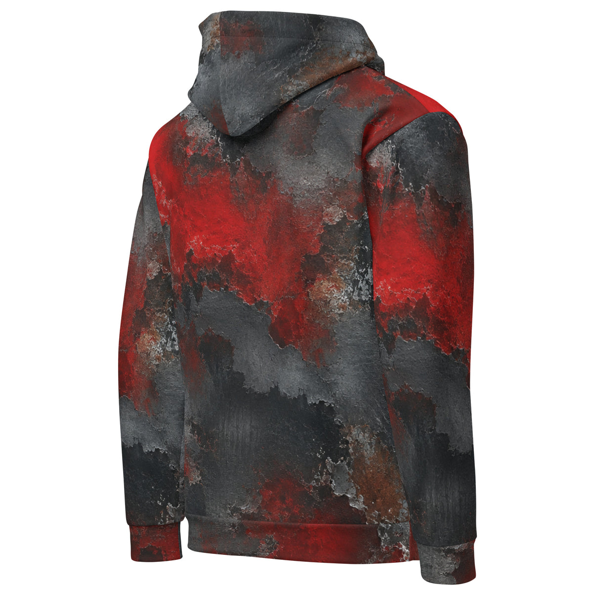 Red & Black Abstract unisex hoodie, angled back view – red, charcoal and black distressed print