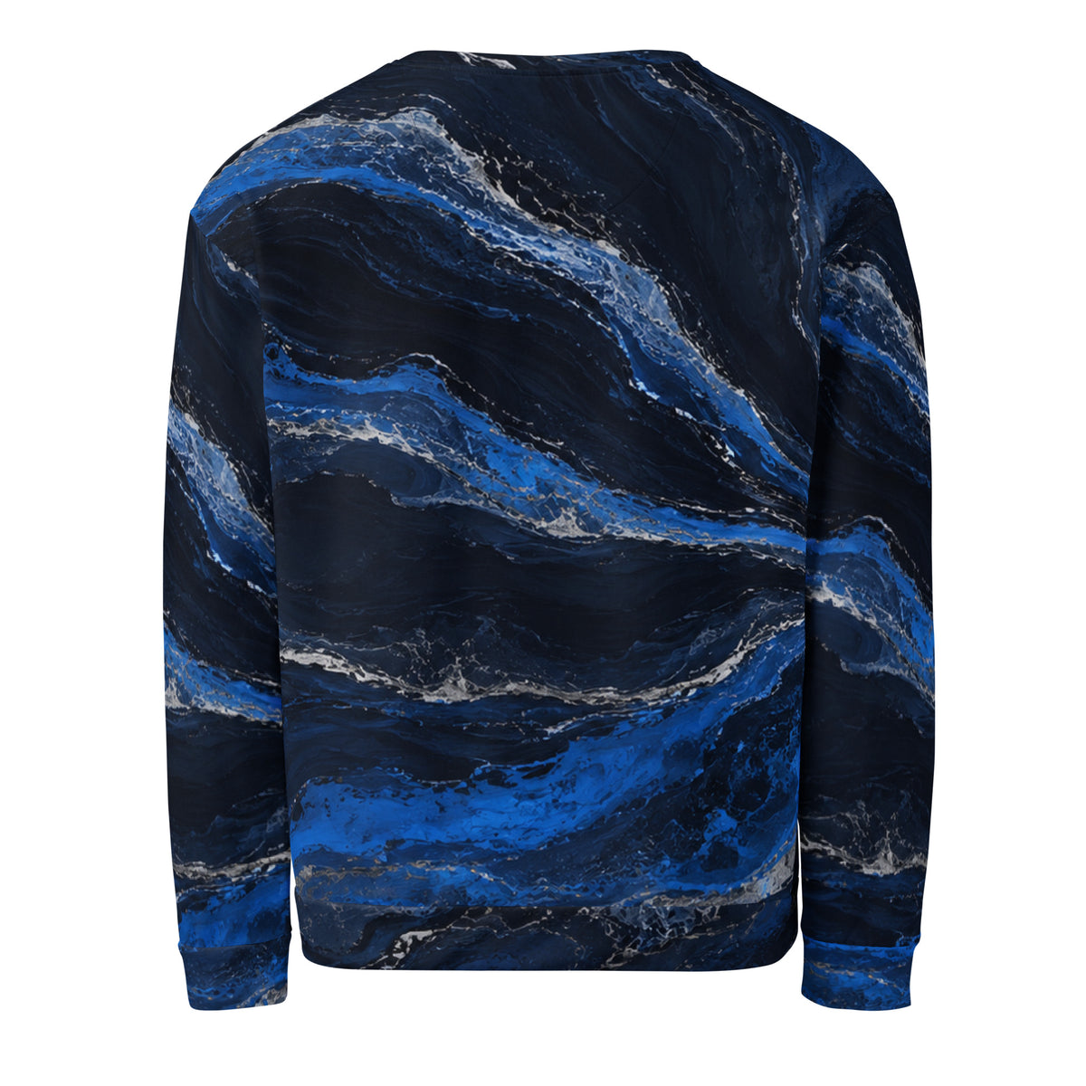 Midnight Velocity sweatshirt back view with cobalt blue and silver abstract artwork