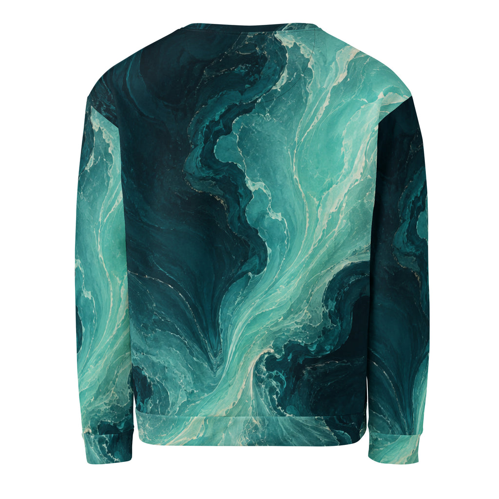 Back view of Petrol Drift Aqua Passage sweatshirt featuring ocean-inspired teal and aqua marble artwork