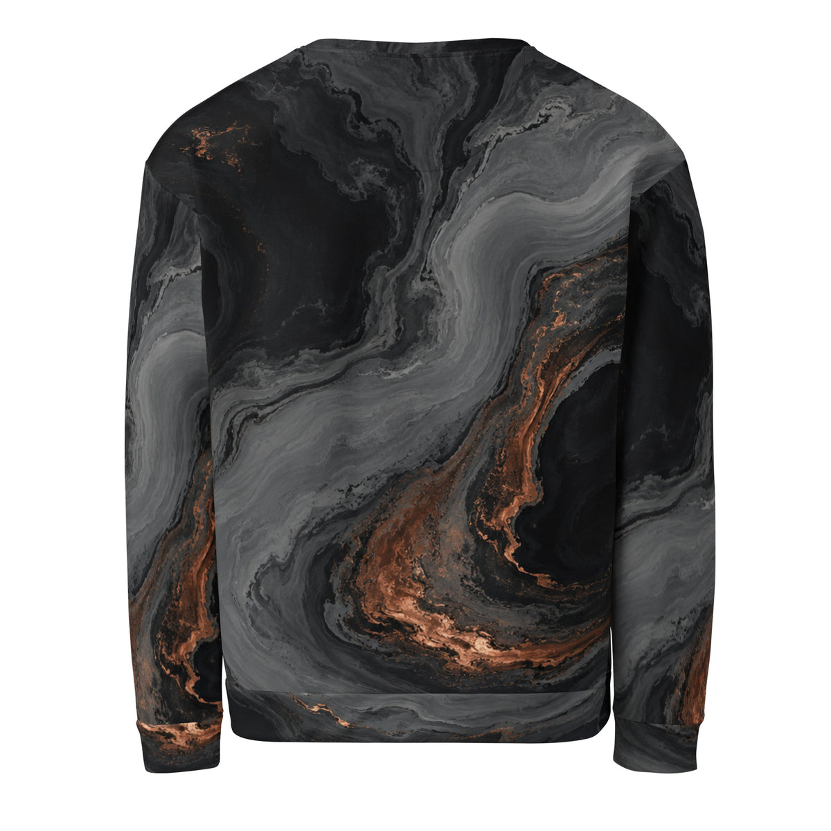 Molten Obsidian unisex sweatshirt, back view – charcoal black and copper marble print