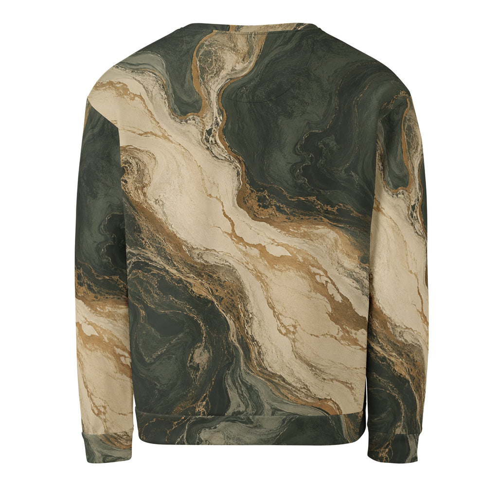 Verdant Strata unisex sweatshirt, back view – forest green, charcoal and beige marble print