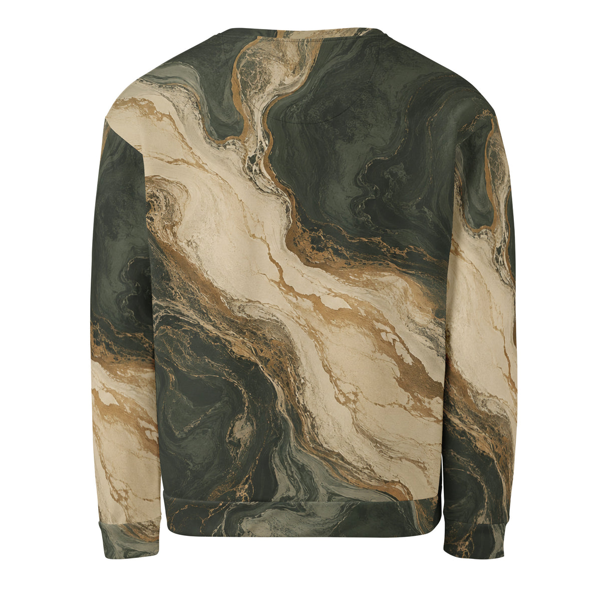 Verdant Strata unisex sweatshirt, back view – forest green, charcoal and beige marble print
