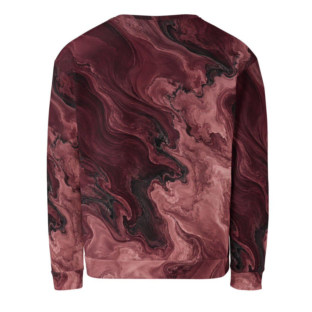 Burgundy Eclipse unisex sweatshirt, back view – burgundy, rose and black marble print