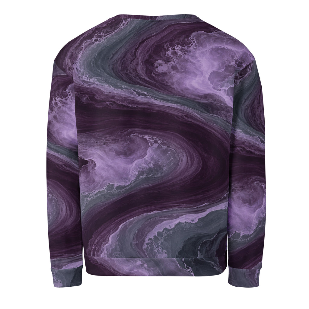 Amethyst Vortex unisex sweatshirt, back view – amethyst purple, charcoal and plum marble print