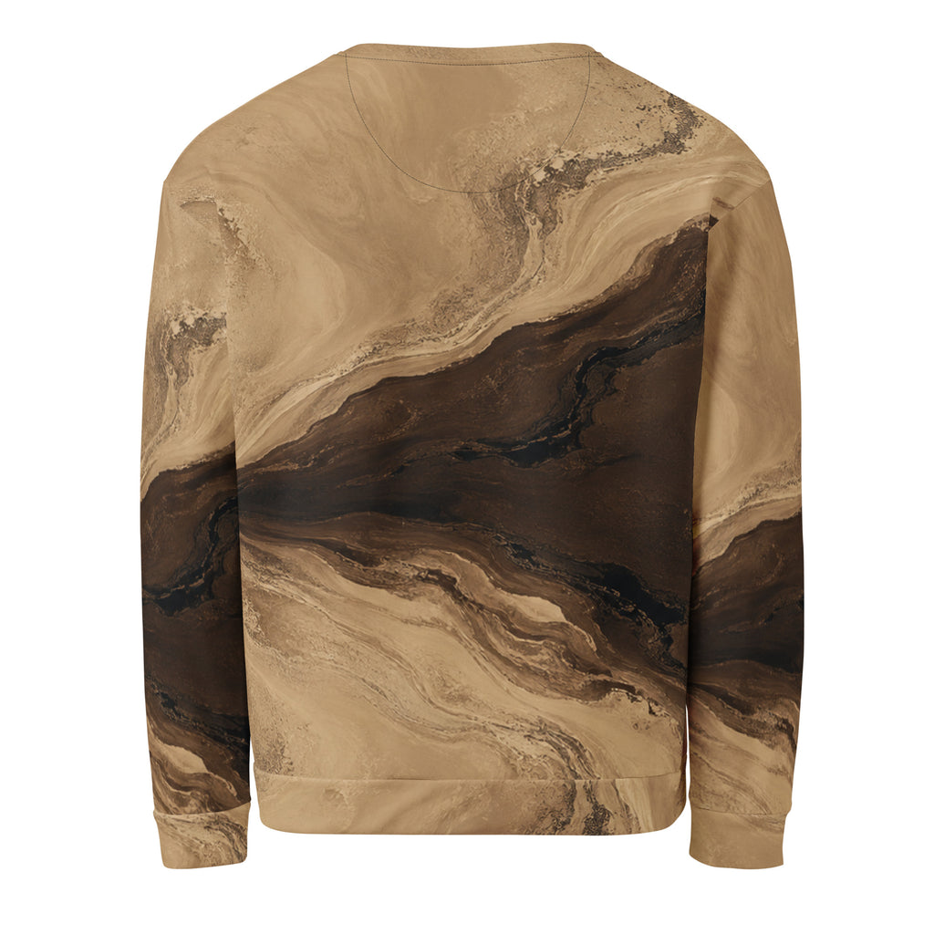 Terra Strata unisex sweatshirt, back view – beige, chocolate brown and charcoal marble print