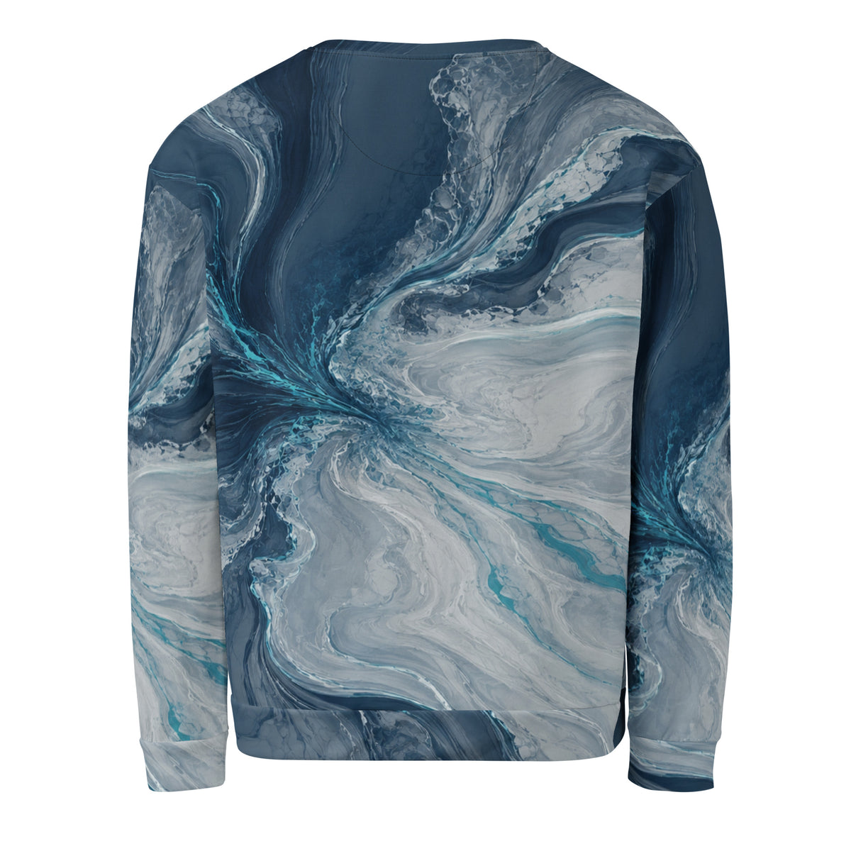 Tidal Convergence unisex sweatshirt, back view – navy, slate grey and turquoise ocean marble print