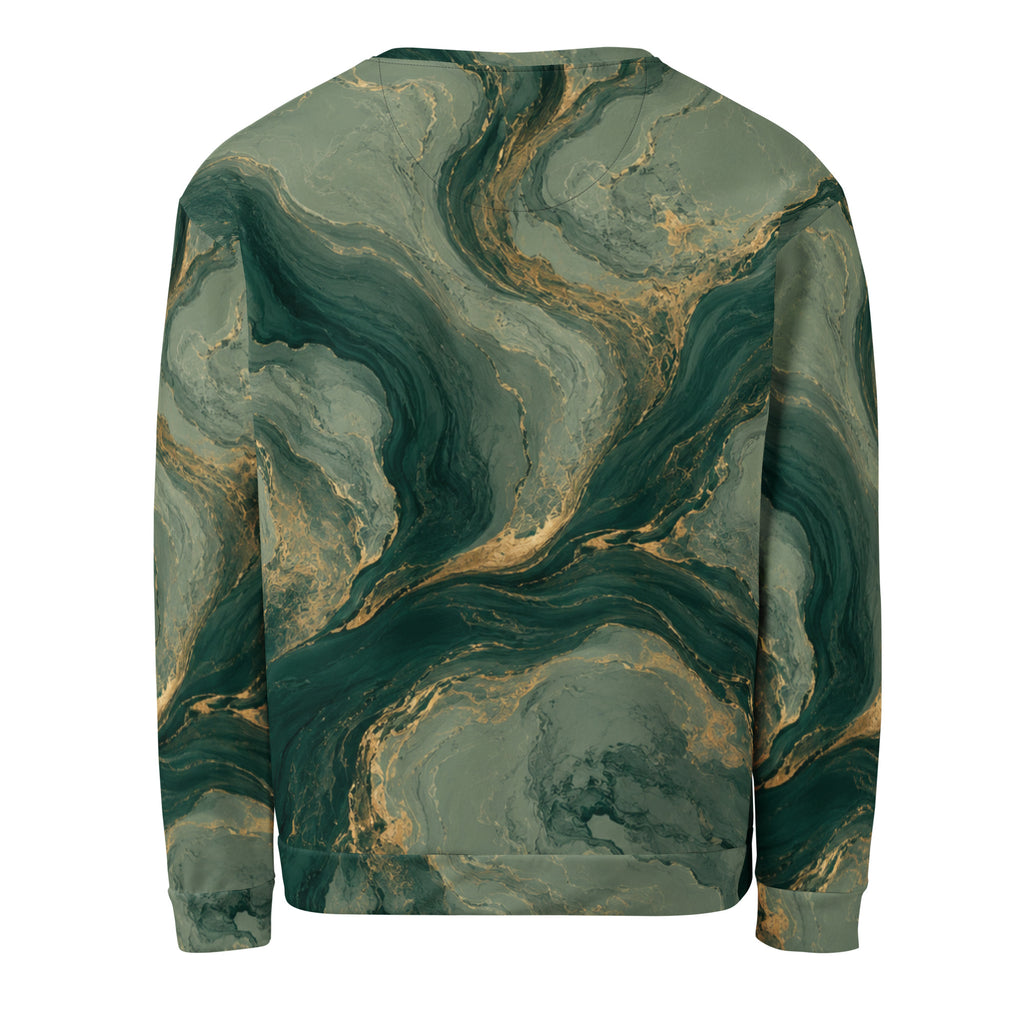 Emerald Current unisex sweatshirt, back view – forest green, sage and gold marble print