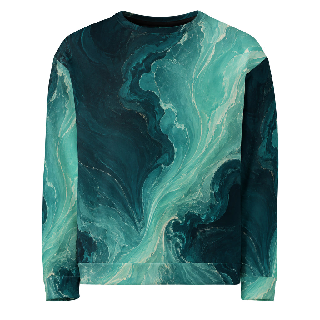 Petrol Drift Aqua Passage unisex sweatshirt front view with flowing aqua and deep petrol-blue abstract marble artwork