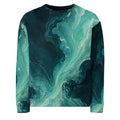 Petrol Drift Aqua Passage unisex sweatshirt front view with flowing aqua and deep petrol-blue abstract marble artwork