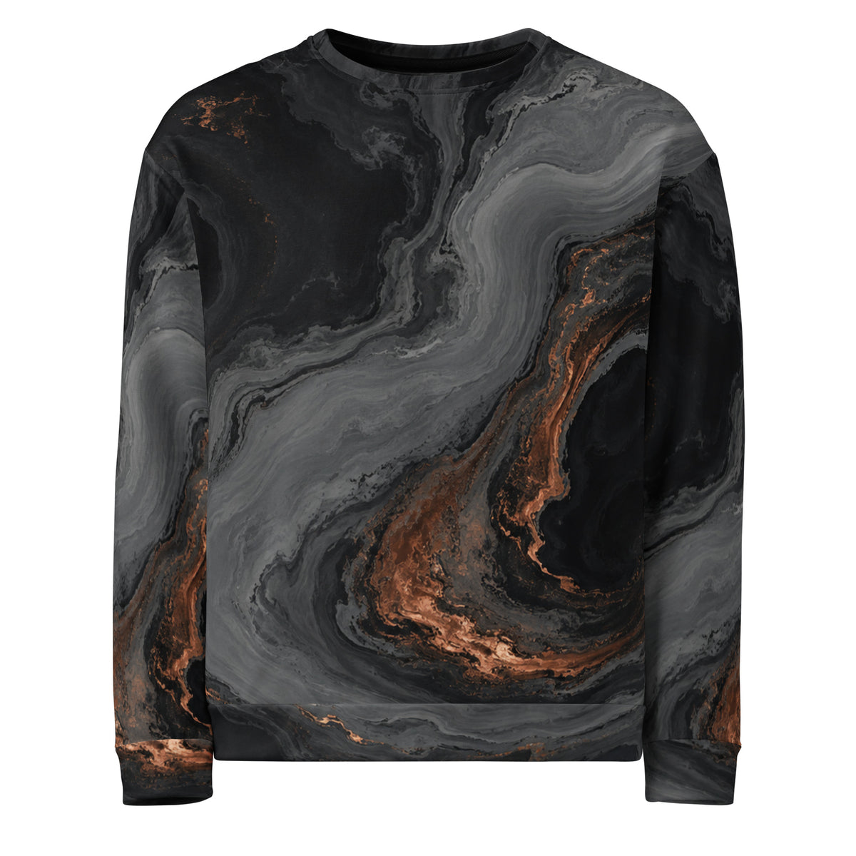 Molten Obsidian unisex sweatshirt, front view – charcoal black and copper marble print